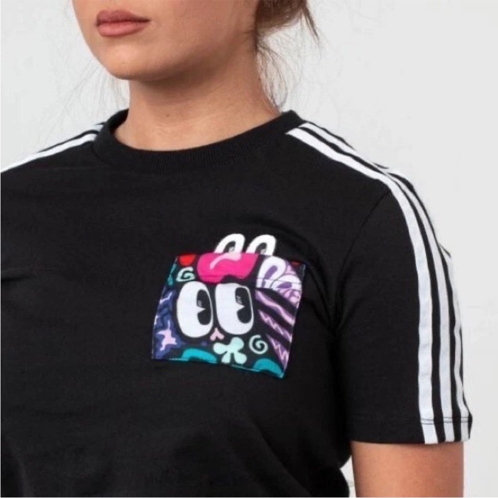 adidas Black Mini Dress with White Shoulder Stripes and Colorful Pocket Art